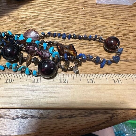 Handcrafted Triple Strand Genuine Gemstone & Lampwork Bead Multi Color Necklace - Picture 5 of 5